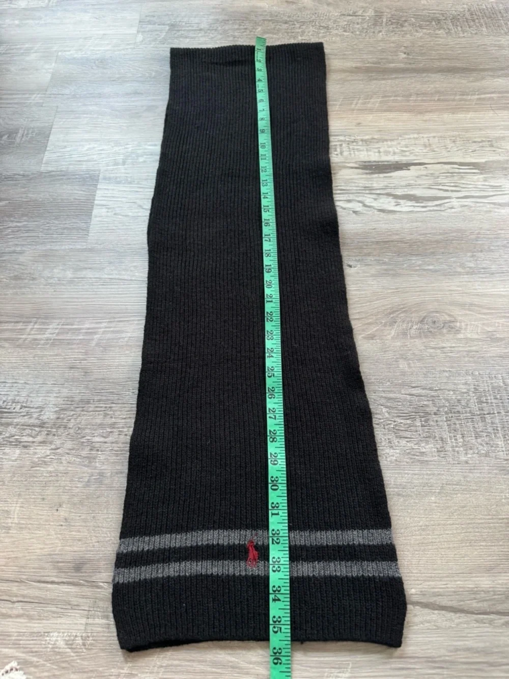 Polo Ralph Lauren Men's Scarf in Black and Gray Stripes. 35% Lambswool, 35%